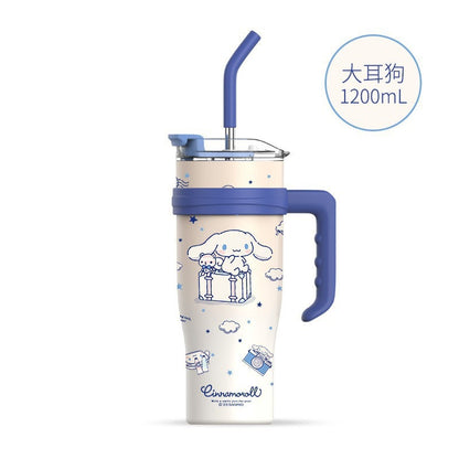 Vaso térmico Sanrio de 1200 ml con pajita y asa – Botella de agua térmica de gran capacidad (Cinnamoroll, Kuromi, My Melody, Pochacco, Hello Kitty, Hangyodon)