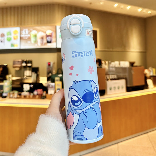 Biberón Disney Stitch con Pajita Aislado al Vacío para Niños (Acero Inoxidable 316/304, 6-12h, Tapa Doble)