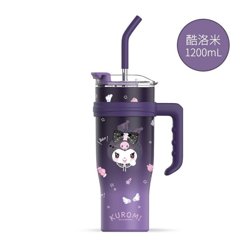 Vaso térmico Sanrio de 1200 ml con pajita y asa – Botella de agua térmica de gran capacidad (Cinnamoroll, Kuromi, My Melody, Pochacco, Hello Kitty, Hangyodon)