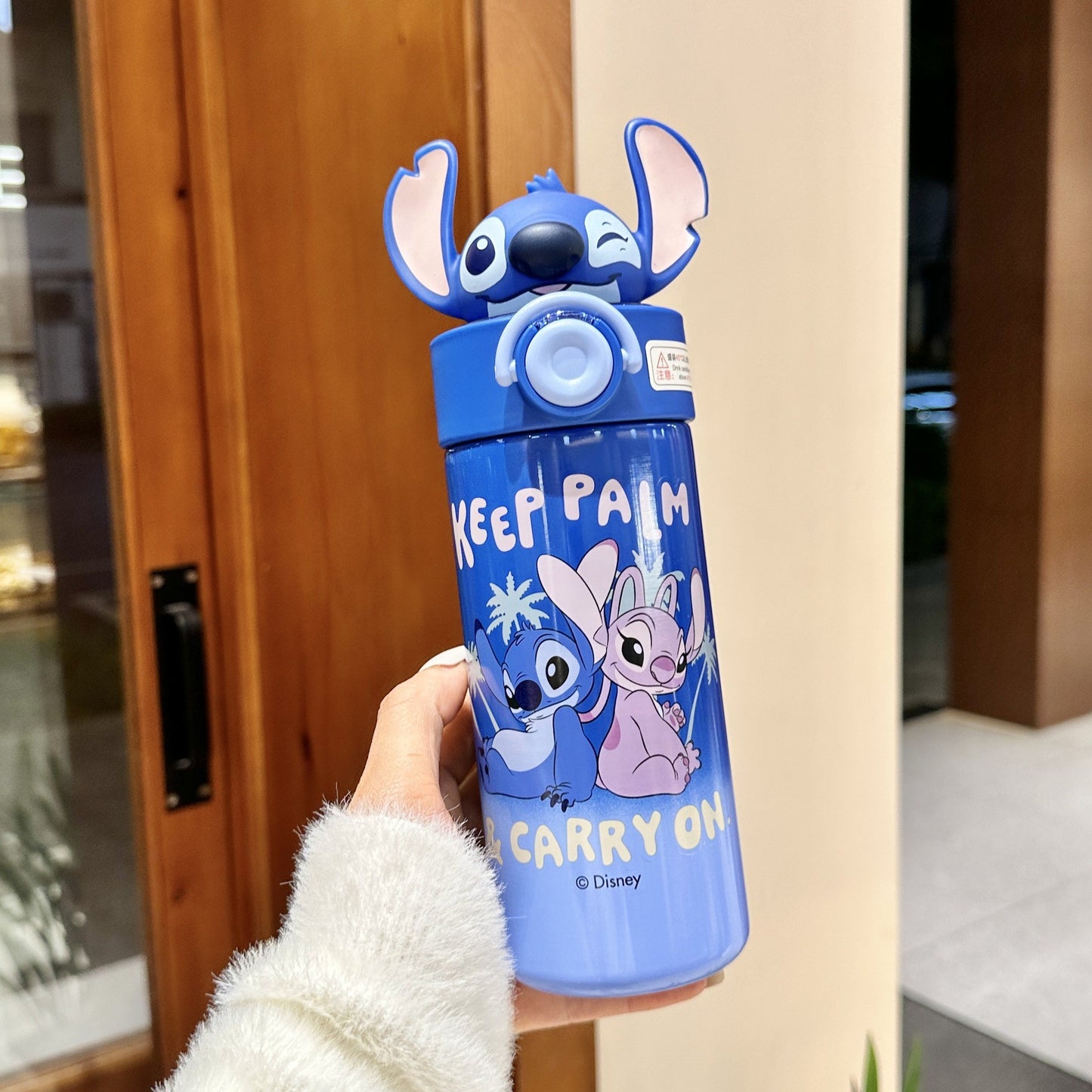 Biberón Disney Stitch con Pajita Aislado al Vacío para Niños (Acero Inoxidable 316/304, 6-12h, Tapa Doble)