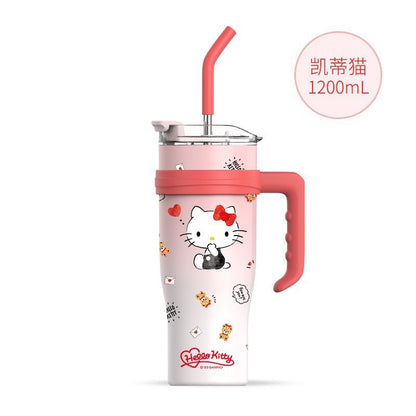 Vaso térmico Sanrio de 1200 ml con pajita y asa – Botella de agua térmica de gran capacidad (Cinnamoroll, Kuromi, My Melody, Pochacco, Hello Kitty, Hangyodon)