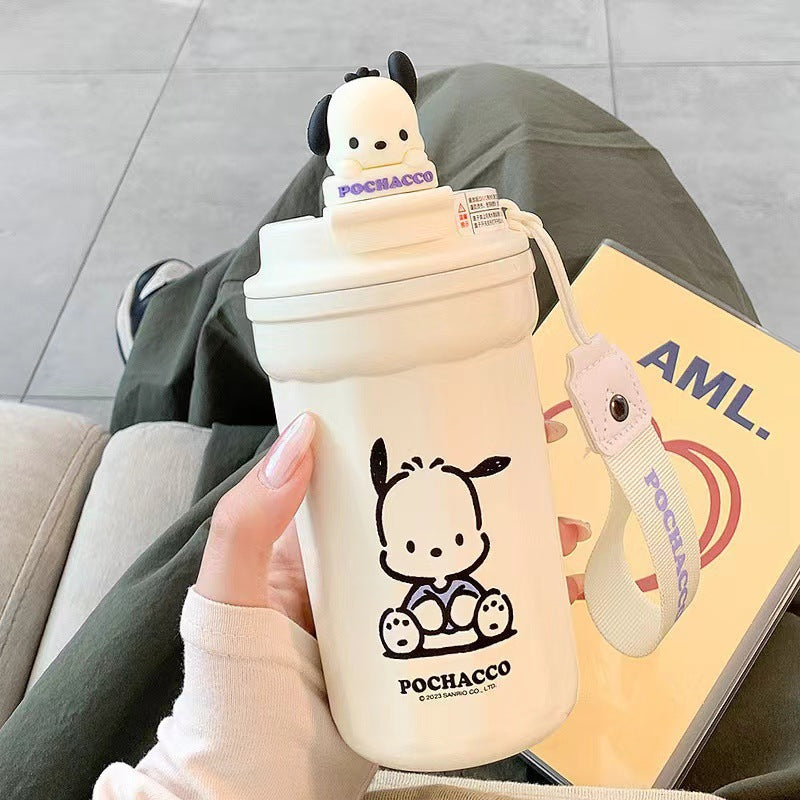 Vaso térmico aislado de acero inoxidable Sanrio de 480 ml – Bonita taza de café térmica con correa, taza de viaje portátil a prueba de fugas para oficina y exteriores