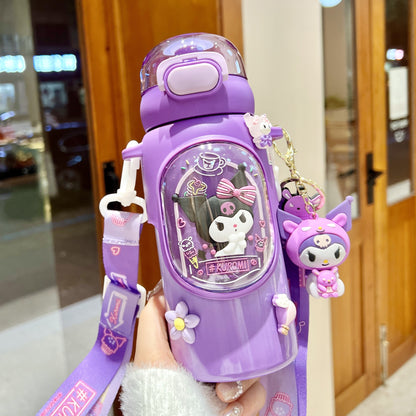 Sanrio Kuromi Kids Insulated Cup – 460ml Cartoon Straw Water Bottle with Keychain & 3D Decorations