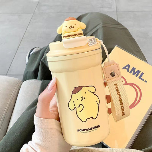 Vaso térmico aislado de acero inoxidable Sanrio de 480 ml – Bonita taza de café térmica con correa, taza de viaje portátil a prueba de fugas para oficina y exteriores