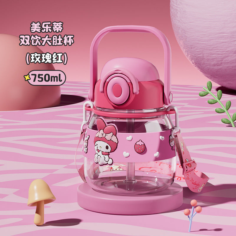 Kuromi Water Bottle 750ml Cute Sanrio Tritan Straw Cup with Strap – Large Capacity Portable Cartoon Bottle for Girls & Outdoor