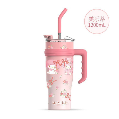 Vaso térmico Sanrio de 1200 ml con pajita y asa – Botella de agua térmica de gran capacidad (Cinnamoroll, Kuromi, My Melody, Pochacco, Hello Kitty, Hangyodon)