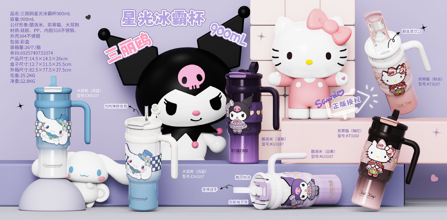 Vaso térmico aislado de acero inoxidable Sanrio de 900 ml – Vaso de dibujos animados Kuromi, Hello Kitty, Cinnamoroll con pajita, asa y correa