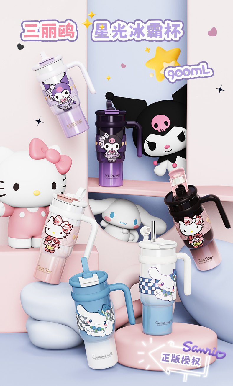 Vaso térmico aislado de acero inoxidable Sanrio de 900 ml – Vaso de dibujos animados Kuromi, Hello Kitty, Cinnamoroll con pajita, asa y correa
