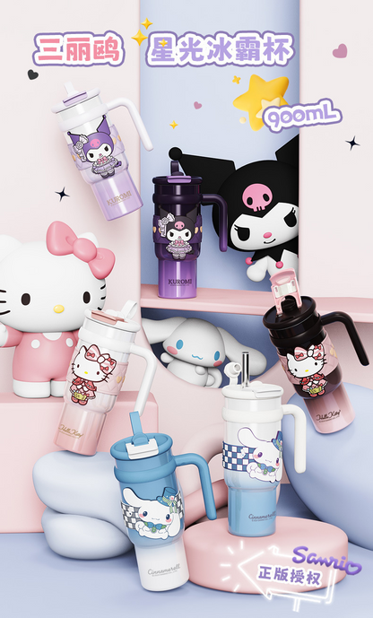 Vaso térmico aislado de acero inoxidable Sanrio de 900 ml – Vaso de dibujos animados Kuromi, Hello Kitty, Cinnamoroll con pajita, asa y correa