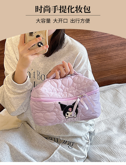 Sanrio Kuromi Makeup Bag – Velvet Small Puff Cloud Toiletry Organizer, Nylon Lined Large Capacity Travel Cosmetics Case, Lightweight Portable Handbag, Cute Anime Cartoon Print (3 Color Variants)
