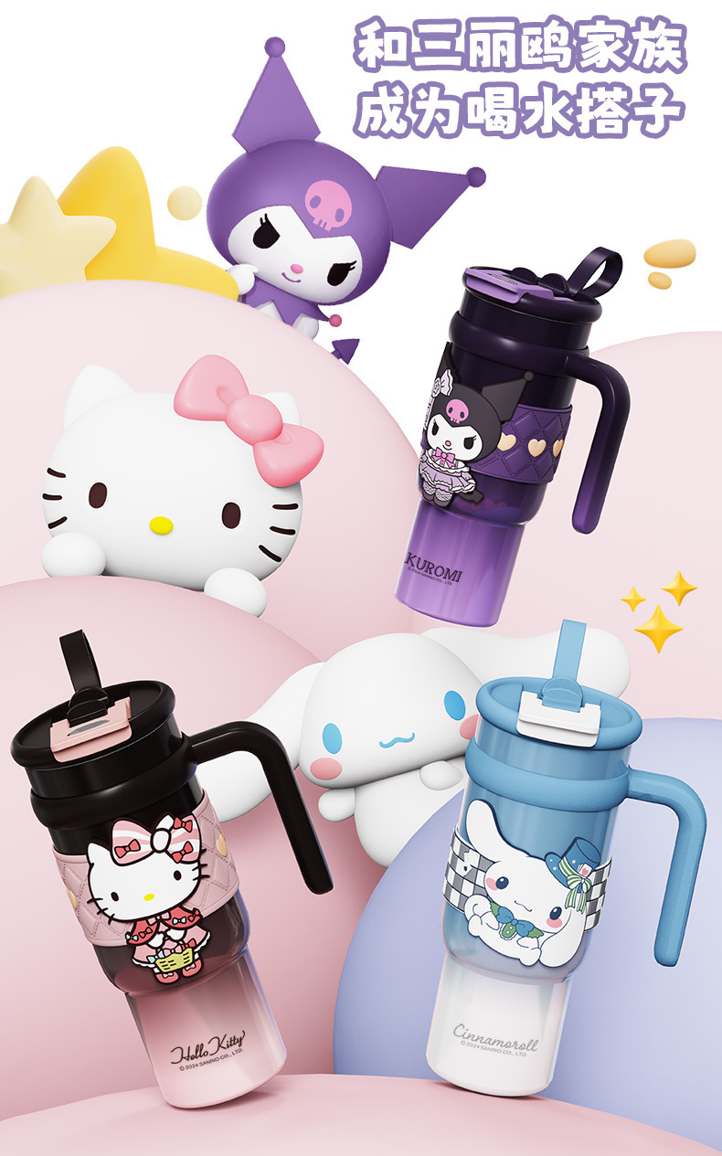 Vaso térmico aislado de acero inoxidable Sanrio de 900 ml – Vaso de dibujos animados Kuromi, Hello Kitty, Cinnamoroll con pajita, asa y correa