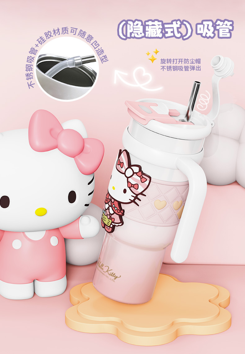 Vaso térmico aislado de acero inoxidable Sanrio de 900 ml – Vaso de dibujos animados Kuromi, Hello Kitty, Cinnamoroll con pajita, asa y correa