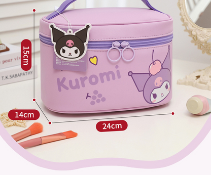 Cartoon-themed purple handbag with measurements and color options displayed.