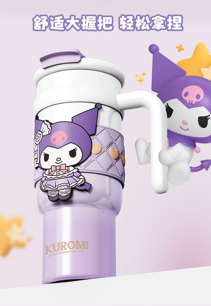 Vaso térmico aislado de acero inoxidable Sanrio de 900 ml – Vaso de dibujos animados Kuromi, Hello Kitty, Cinnamoroll con pajita, asa y correa