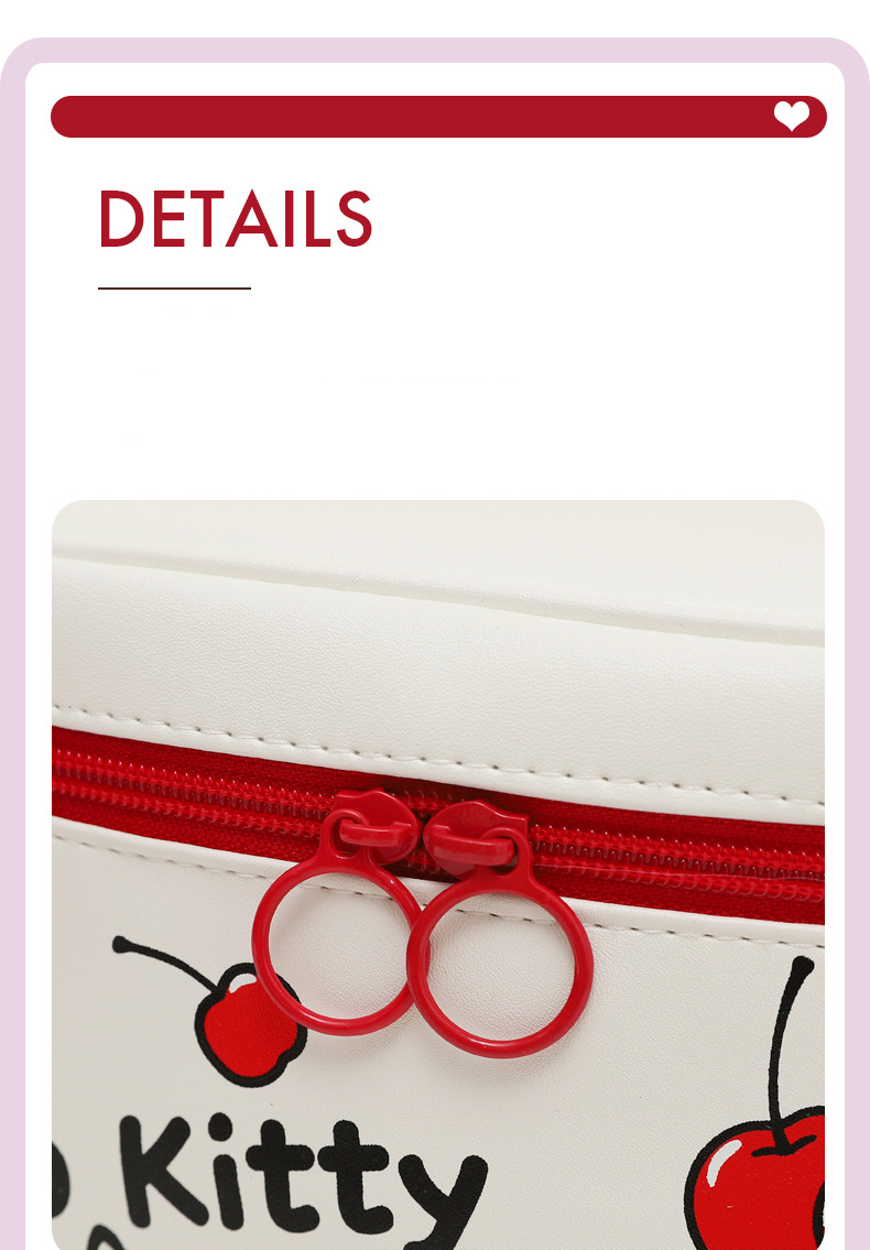 White pouch with red zipper and cherry design, featuring the word 'Kitty'.