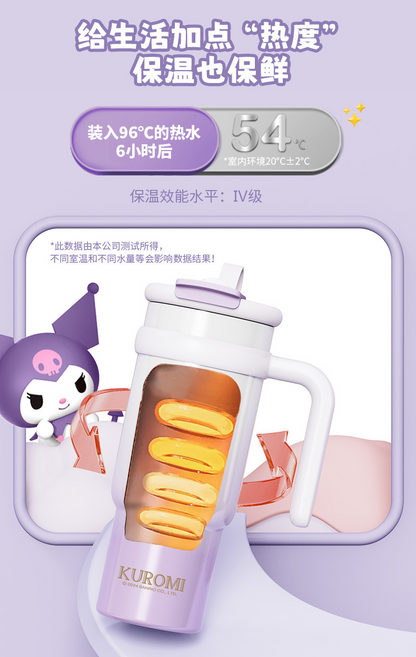 Vaso térmico aislado de acero inoxidable Sanrio de 900 ml – Vaso de dibujos animados Kuromi, Hello Kitty, Cinnamoroll con pajita, asa y correa