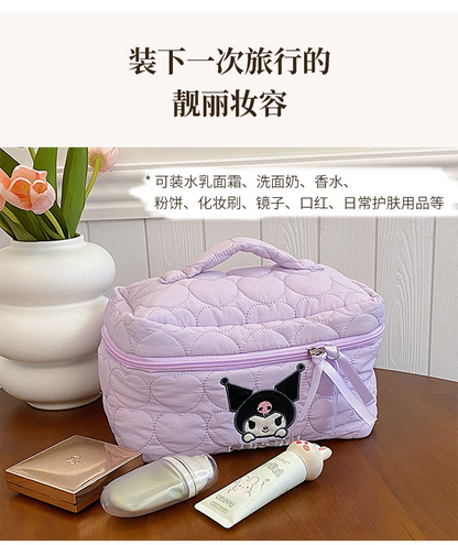 Sanrio Kuromi Makeup Bag – Velvet Small Puff Cloud Toiletry Organizer, Nylon Lined Large Capacity Travel Cosmetics Case, Lightweight Portable Handbag, Cute Anime Cartoon Print (3 Color Variants)