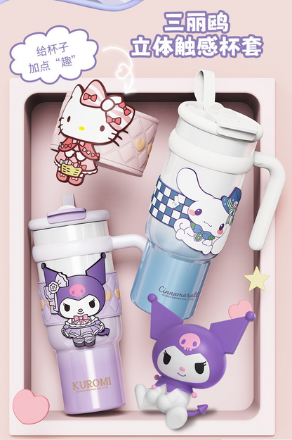 Vaso térmico aislado de acero inoxidable Sanrio de 900 ml – Vaso de dibujos animados Kuromi, Hello Kitty, Cinnamoroll con pajita, asa y correa