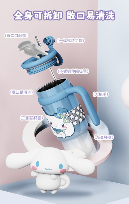Vaso térmico aislado de acero inoxidable Sanrio de 900 ml – Vaso de dibujos animados Kuromi, Hello Kitty, Cinnamoroll con pajita, asa y correa