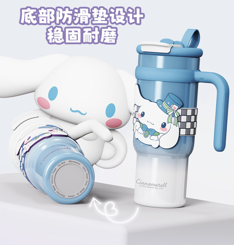 Vaso térmico aislado de acero inoxidable Sanrio de 900 ml – Vaso de dibujos animados Kuromi, Hello Kitty, Cinnamoroll con pajita, asa y correa