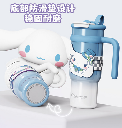 Vaso térmico aislado de acero inoxidable Sanrio de 900 ml – Vaso de dibujos animados Kuromi, Hello Kitty, Cinnamoroll con pajita, asa y correa