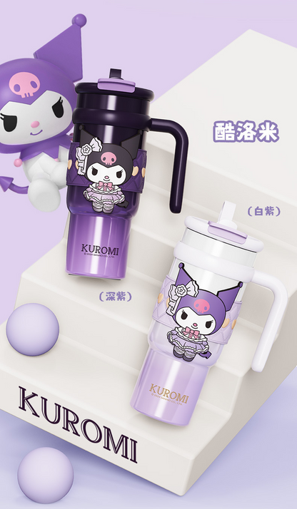 Vaso térmico aislado de acero inoxidable Sanrio de 900 ml – Vaso de dibujos animados Kuromi, Hello Kitty, Cinnamoroll con pajita, asa y correa