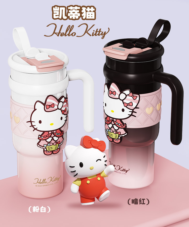 Vaso térmico aislado de acero inoxidable Sanrio de 900 ml – Vaso de dibujos animados Kuromi, Hello Kitty, Cinnamoroll con pajita, asa y correa