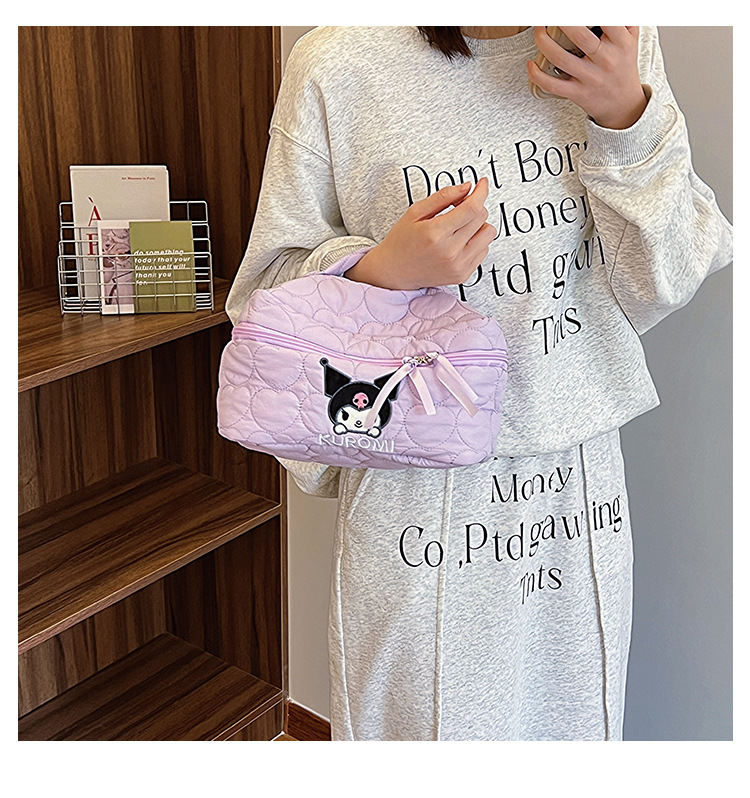 Sanrio Kuromi Makeup Bag – Velvet Small Puff Cloud Toiletry Organizer, Nylon Lined Large Capacity Travel Cosmetics Case, Lightweight Portable Handbag, Cute Anime Cartoon Print (3 Color Variants)