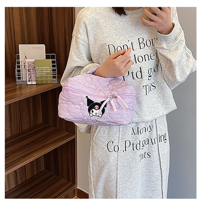 Sanrio Kuromi Makeup Bag – Velvet Small Puff Cloud Toiletry Organizer, Nylon Lined Large Capacity Travel Cosmetics Case, Lightweight Portable Handbag, Cute Anime Cartoon Print (3 Color Variants)