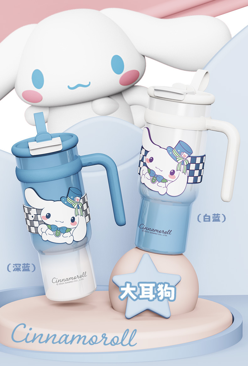 Vaso térmico aislado de acero inoxidable Sanrio de 900 ml – Vaso de dibujos animados Kuromi, Hello Kitty, Cinnamoroll con pajita, asa y correa