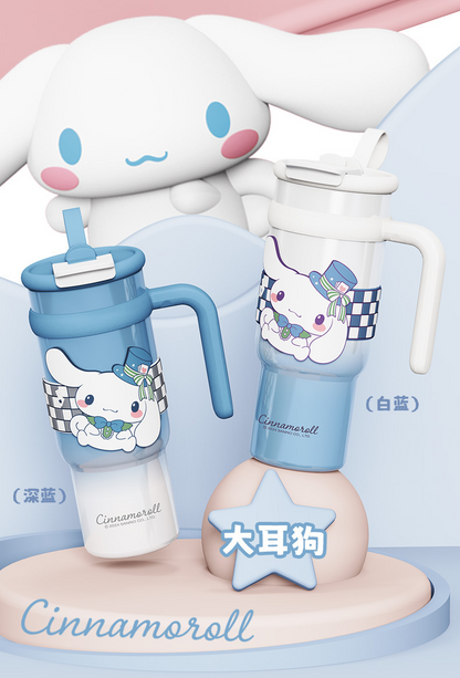 Vaso térmico aislado de acero inoxidable Sanrio de 900 ml – Vaso de dibujos animados Kuromi, Hello Kitty, Cinnamoroll con pajita, asa y correa
