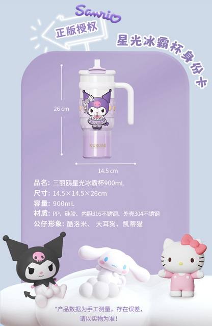 Vaso térmico aislado de acero inoxidable Sanrio de 900 ml – Vaso de dibujos animados Kuromi, Hello Kitty, Cinnamoroll con pajita, asa y correa