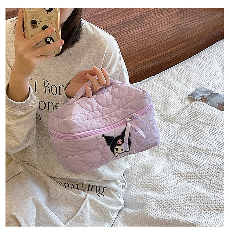 Sanrio Kuromi Makeup Bag – Velvet Small Puff Cloud Toiletry Organizer, Nylon Lined Large Capacity Travel Cosmetics Case, Lightweight Portable Handbag, Cute Anime Cartoon Print (3 Color Variants)