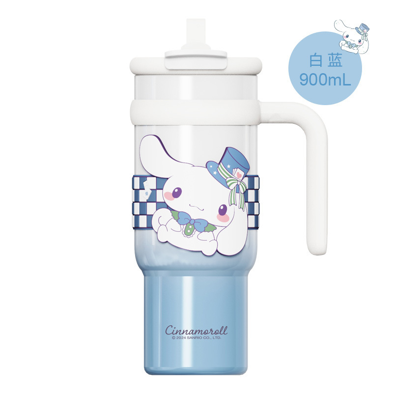 Vaso térmico aislado de acero inoxidable Sanrio de 900 ml – Vaso de dibujos animados Kuromi, Hello Kitty, Cinnamoroll con pajita, asa y correa