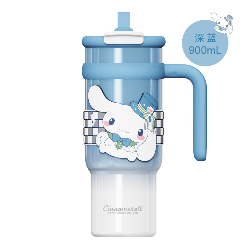Vaso térmico aislado de acero inoxidable Sanrio de 900 ml – Vaso de dibujos animados Kuromi, Hello Kitty, Cinnamoroll con pajita, asa y correa