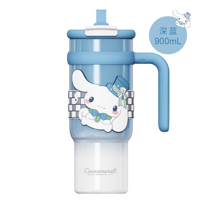 Vaso térmico aislado de acero inoxidable Sanrio de 900 ml – Vaso de dibujos animados Kuromi, Hello Kitty, Cinnamoroll con pajita, asa y correa