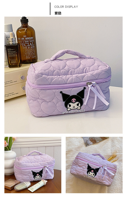 Sanrio Kuromi Makeup Bag – Velvet Small Puff Cloud Toiletry Organizer, Nylon Lined Large Capacity Travel Cosmetics Case, Lightweight Portable Handbag, Cute Anime Cartoon Print (3 Color Variants)