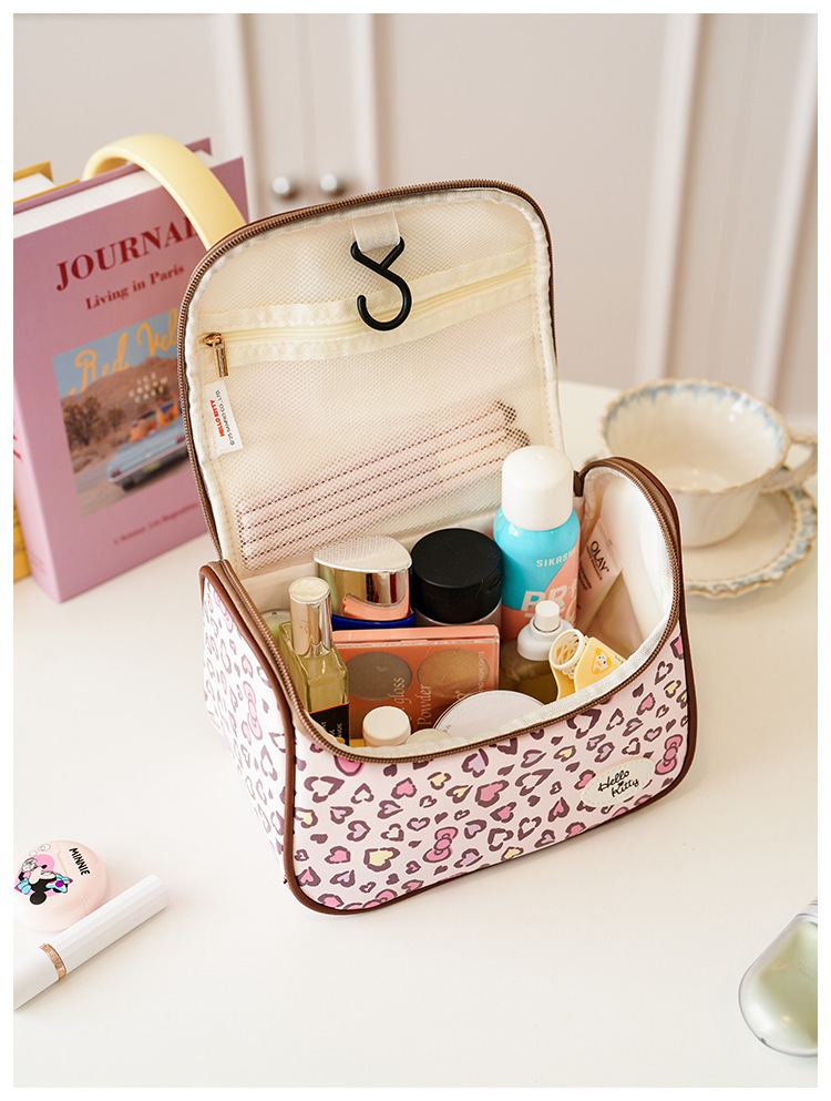Hello Kitty Leopard Print Makeup Bag, Large Capacity Cosmetic Organizer, Portable Travel Toiletry Bag with Zipper Handle for Women and Girls
