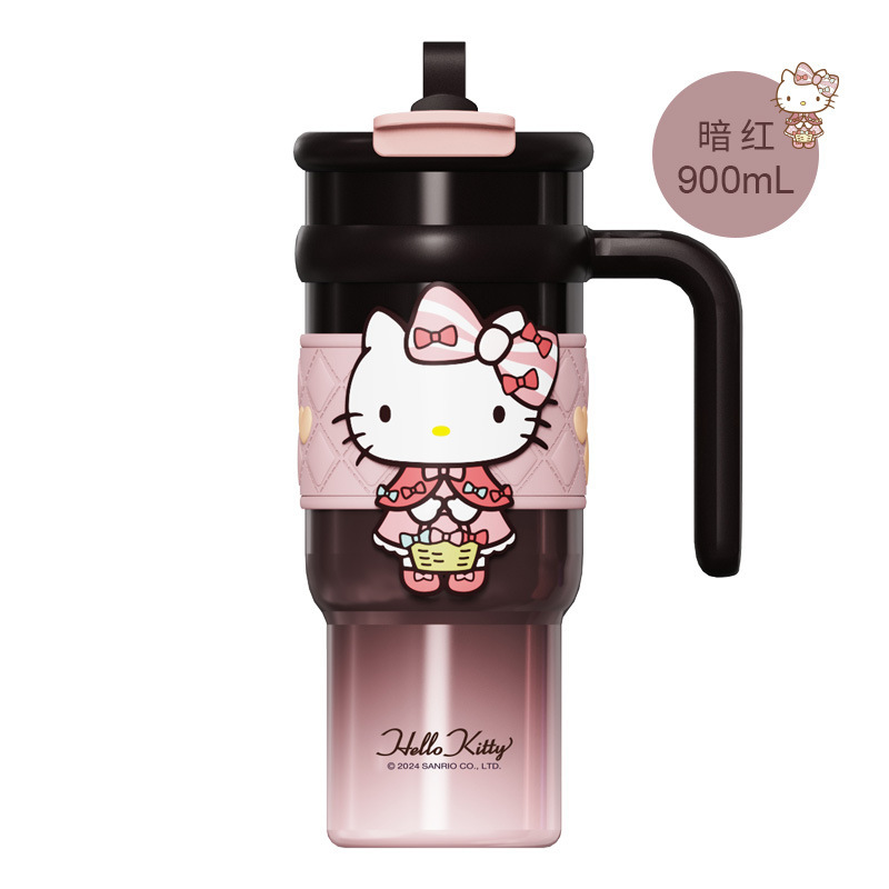 Vaso térmico aislado de acero inoxidable Sanrio de 900 ml – Vaso de dibujos animados Kuromi, Hello Kitty, Cinnamoroll con pajita, asa y correa