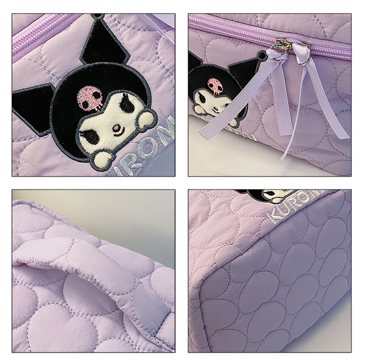 Sanrio Kuromi Makeup Bag – Velvet Small Puff Cloud Toiletry Organizer, Nylon Lined Large Capacity Travel Cosmetics Case, Lightweight Portable Handbag, Cute Anime Cartoon Print (3 Color Variants)