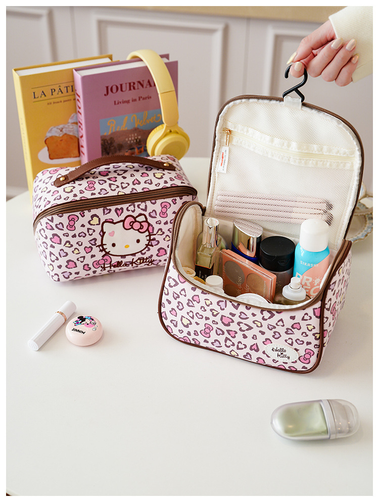 Hello Kitty Leopard Print Makeup Bag, Large Capacity Cosmetic Organizer, Portable Travel Toiletry Bag with Zipper Handle for Women and Girls