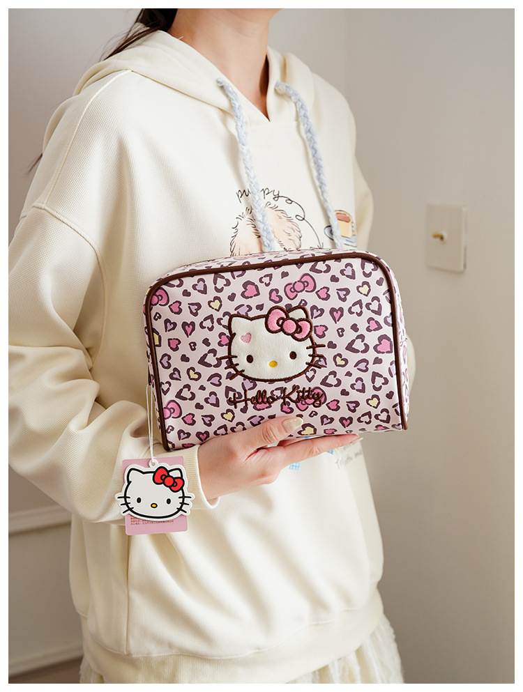 Hello Kitty Leopard Print Makeup Bag, Large Capacity Cosmetic Organizer, Portable Travel Toiletry Bag with Zipper Handle for Women and Girls