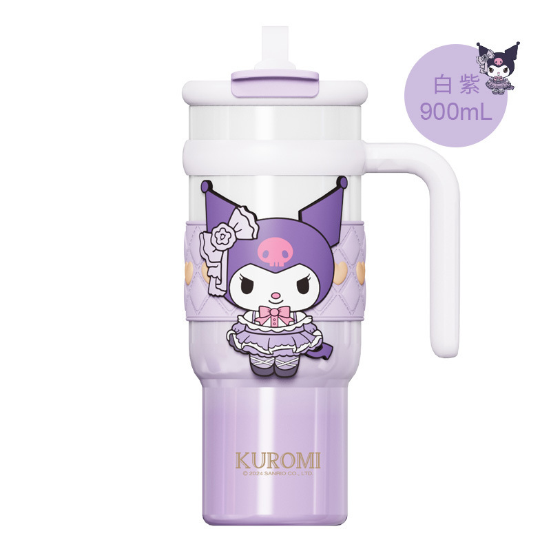 Vaso térmico aislado de acero inoxidable Sanrio de 900 ml – Vaso de dibujos animados Kuromi, Hello Kitty, Cinnamoroll con pajita, asa y correa