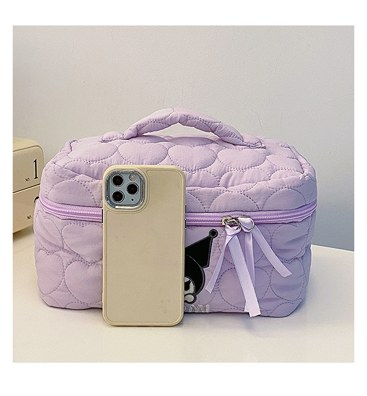 Sanrio Kuromi Makeup Bag – Velvet Small Puff Cloud Toiletry Organizer, Nylon Lined Large Capacity Travel Cosmetics Case, Lightweight Portable Handbag, Cute Anime Cartoon Print (3 Color Variants)