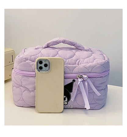 Sanrio Kuromi Makeup Bag – Velvet Small Puff Cloud Toiletry Organizer, Nylon Lined Large Capacity Travel Cosmetics Case, Lightweight Portable Handbag, Cute Anime Cartoon Print (3 Color Variants)