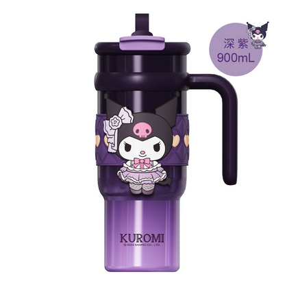 Vaso térmico aislado de acero inoxidable Sanrio de 900 ml – Vaso de dibujos animados Kuromi, Hello Kitty, Cinnamoroll con pajita, asa y correa