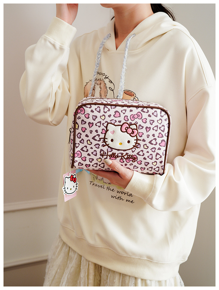 Hello Kitty Leopard Print Makeup Bag, Large Capacity Cosmetic Organizer, Portable Travel Toiletry Bag with Zipper Handle for Women and Girls