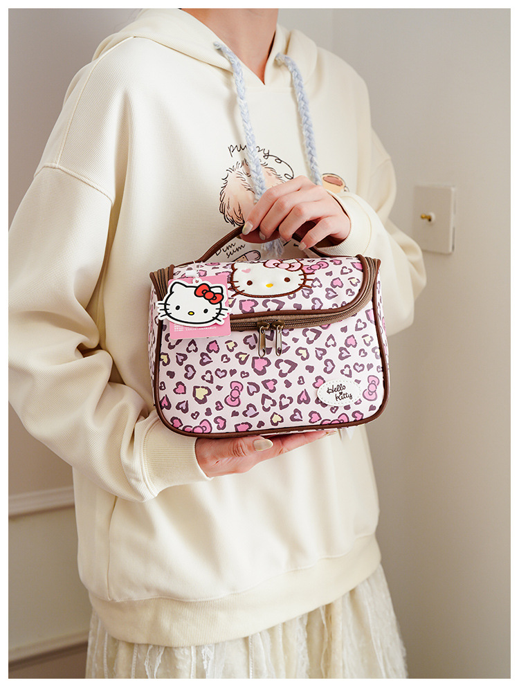 Hello Kitty Leopard Print Makeup Bag, Large Capacity Cosmetic Organizer, Portable Travel Toiletry Bag with Zipper Handle for Women and Girls