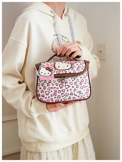 Hello Kitty Leopard Print Makeup Bag, Large Capacity Cosmetic Organizer, Portable Travel Toiletry Bag with Zipper Handle for Women and Girls