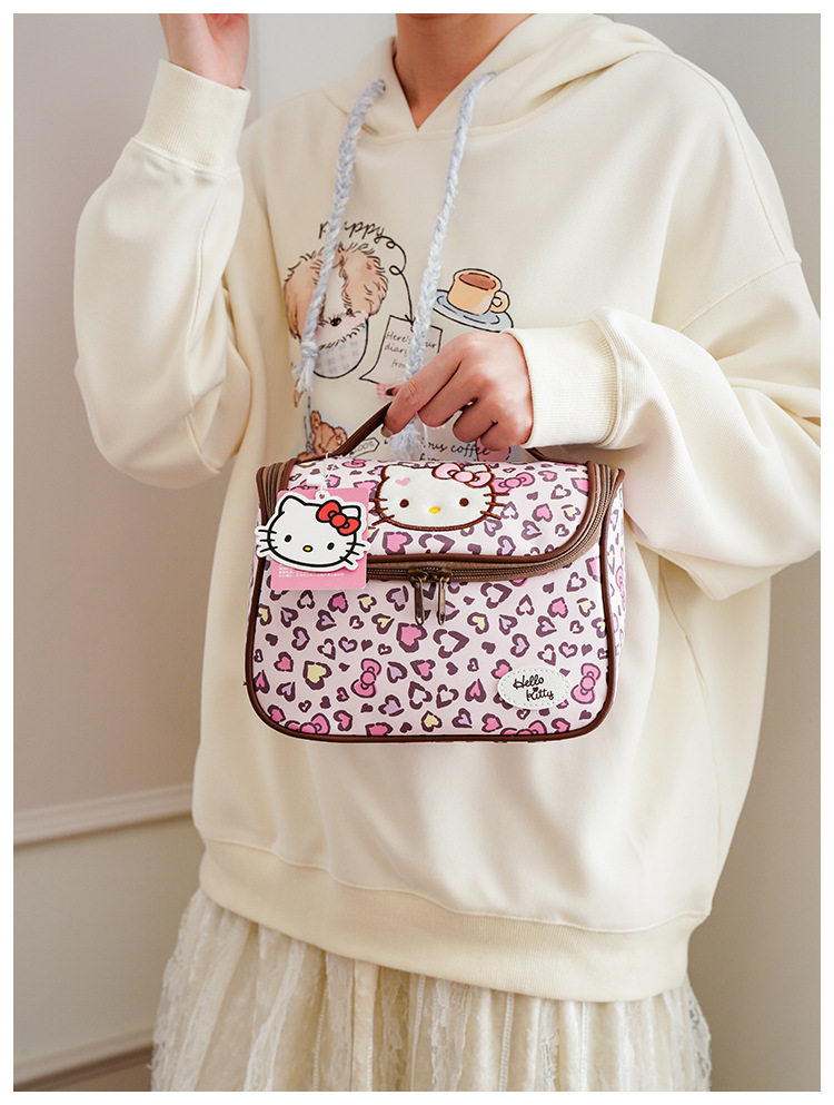 Hello Kitty Leopard Print Makeup Bag, Large Capacity Cosmetic Organizer, Portable Travel Toiletry Bag with Zipper Handle for Women and Girls